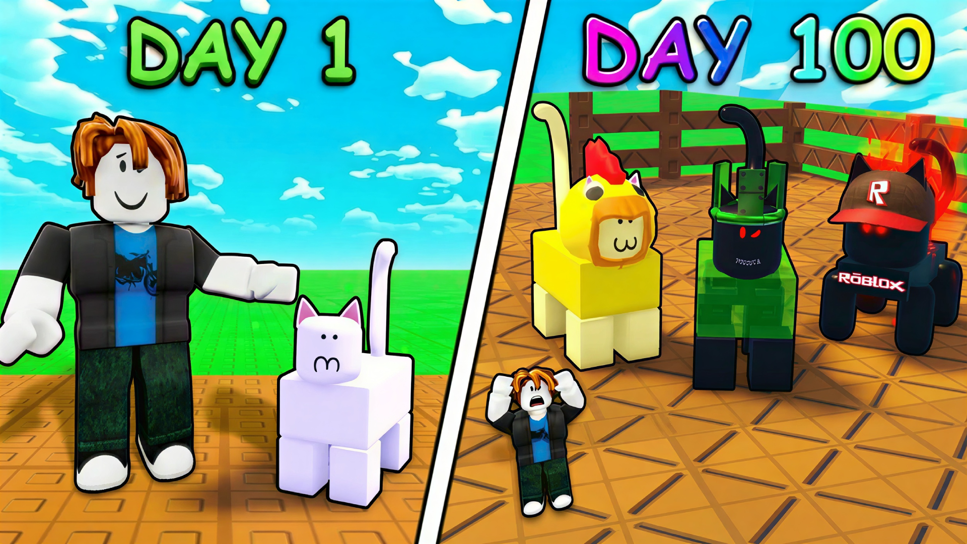 Roblox Day 1 vs Day 100 thumbnail of a player and evolving cat pets in a pen