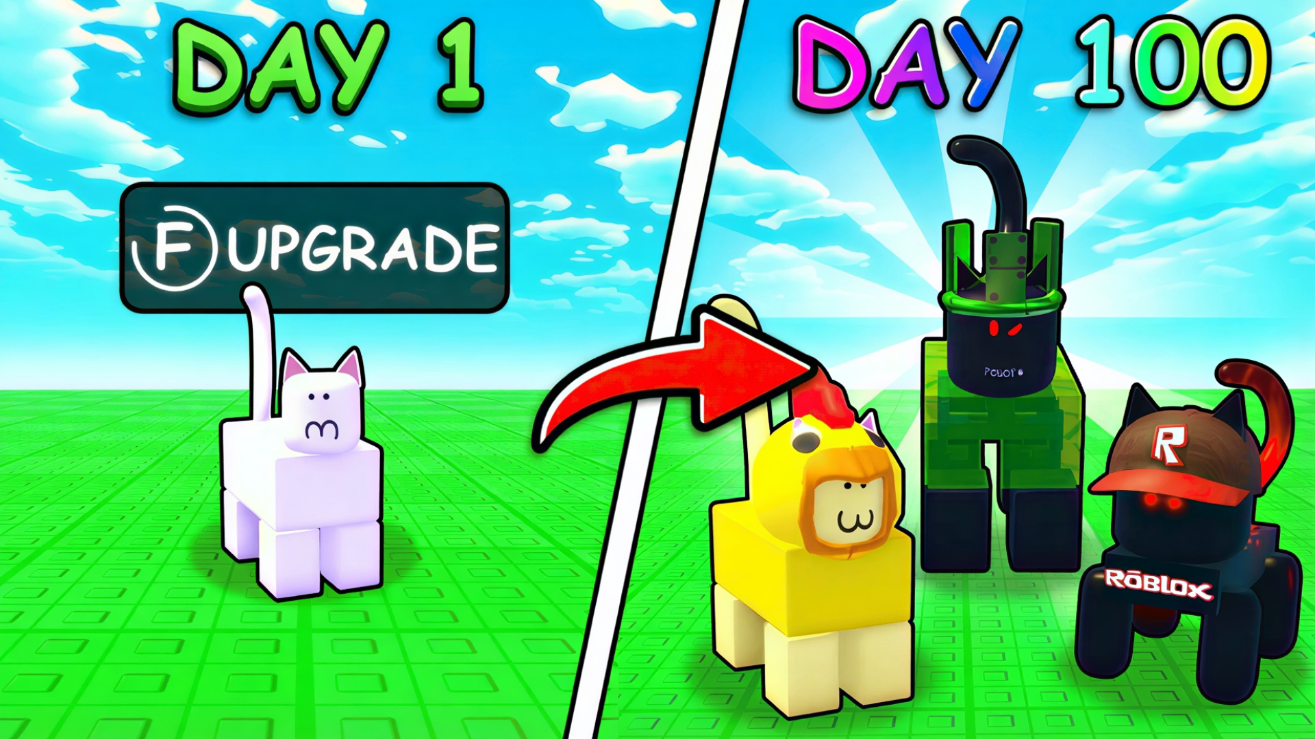 Roblox Day 1 vs Day 100 thumbnail showing a cat pet upgrading into powerful pets