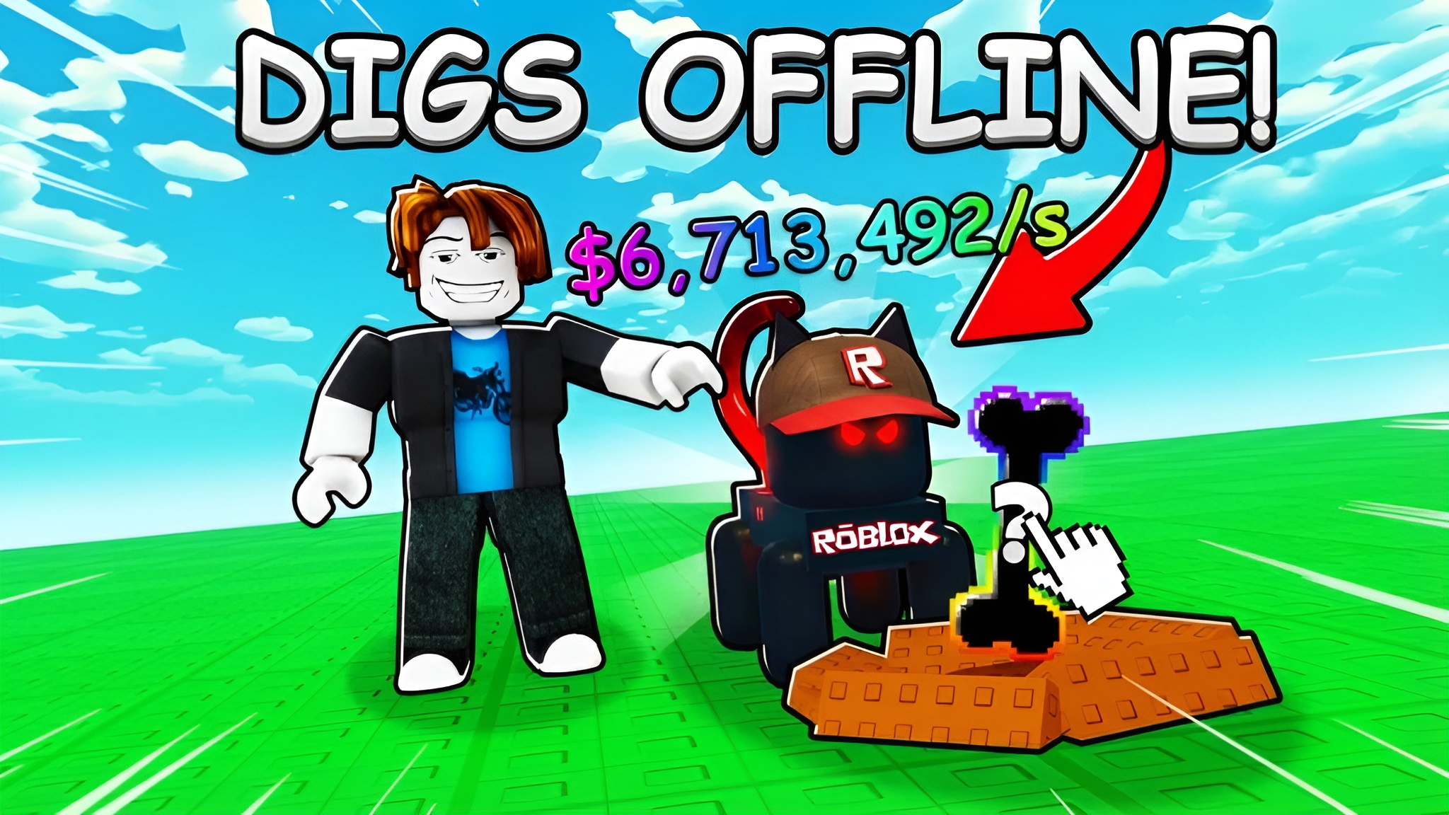 Roblox thumbnail reading DIGS OFFLINE with a character earning millions per second