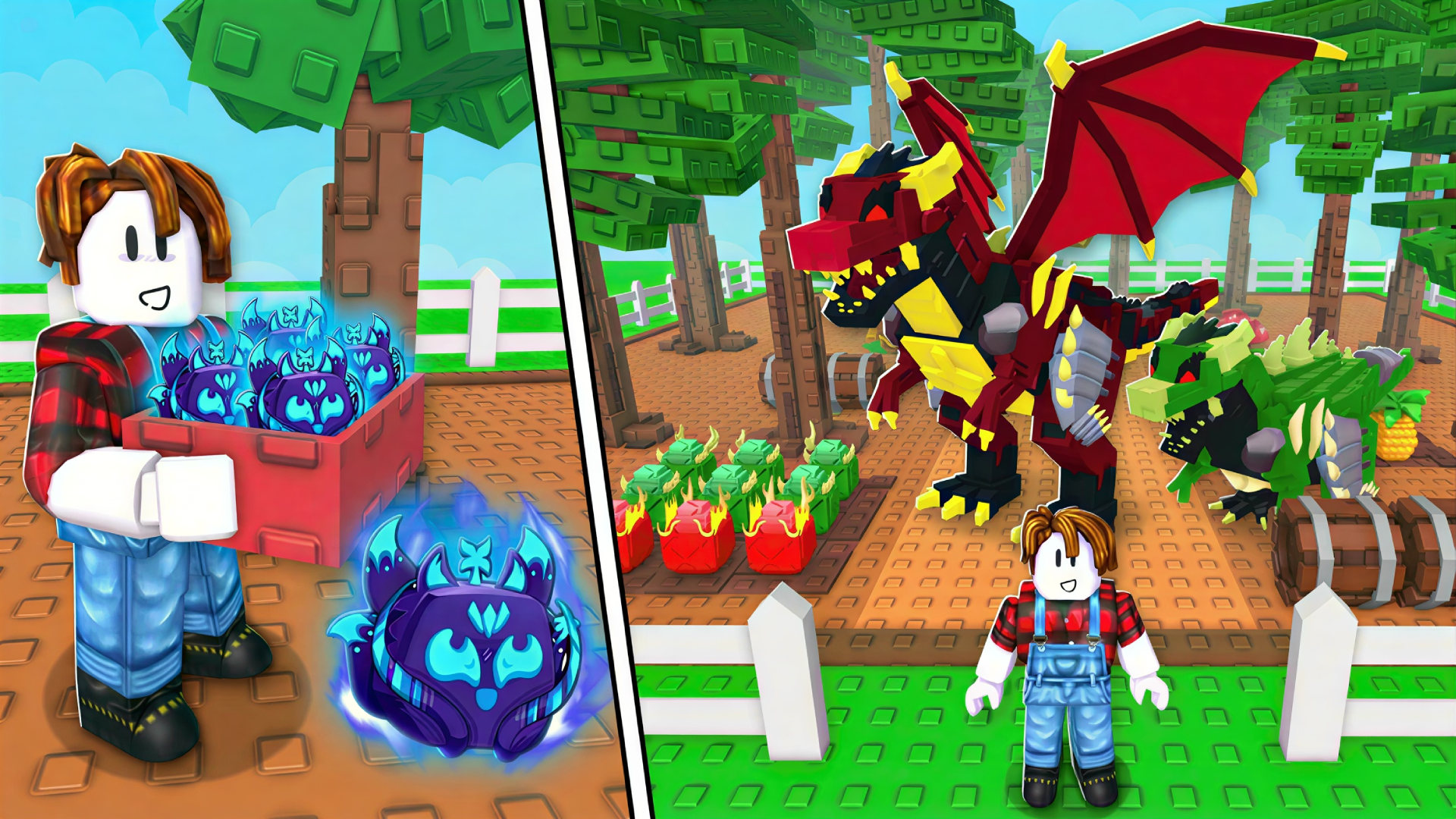 Roblox game split scene showing pet collection and dragon boss battle on a farm