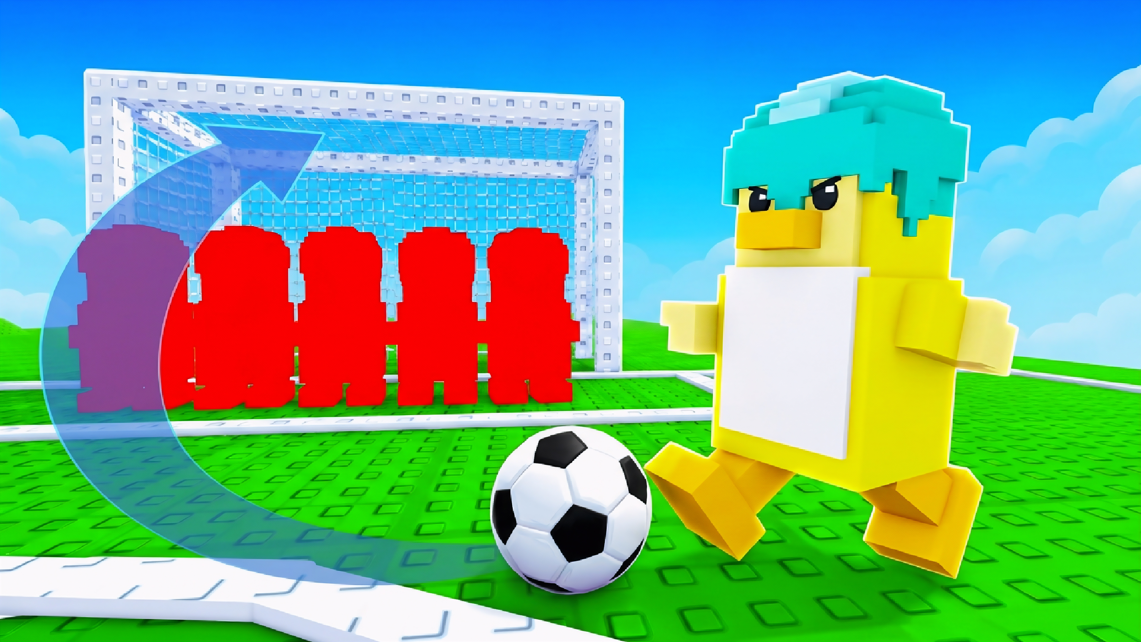 Roblox soccer thumbnail of a duck character taking a free kick past a red wall of defenders