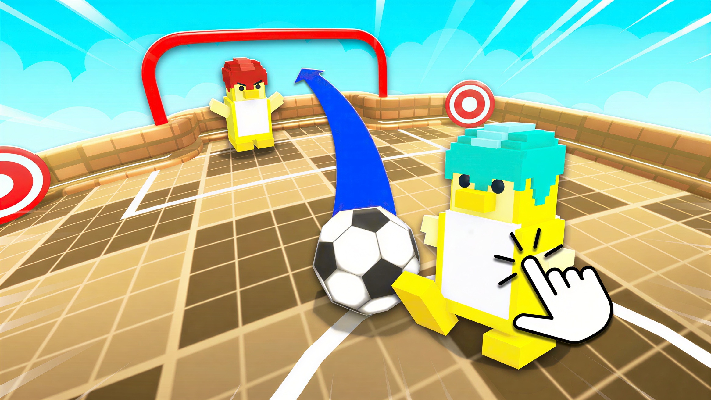 Roblox soccer thumbnail of a duck character lining up a curved shot toward a goal target