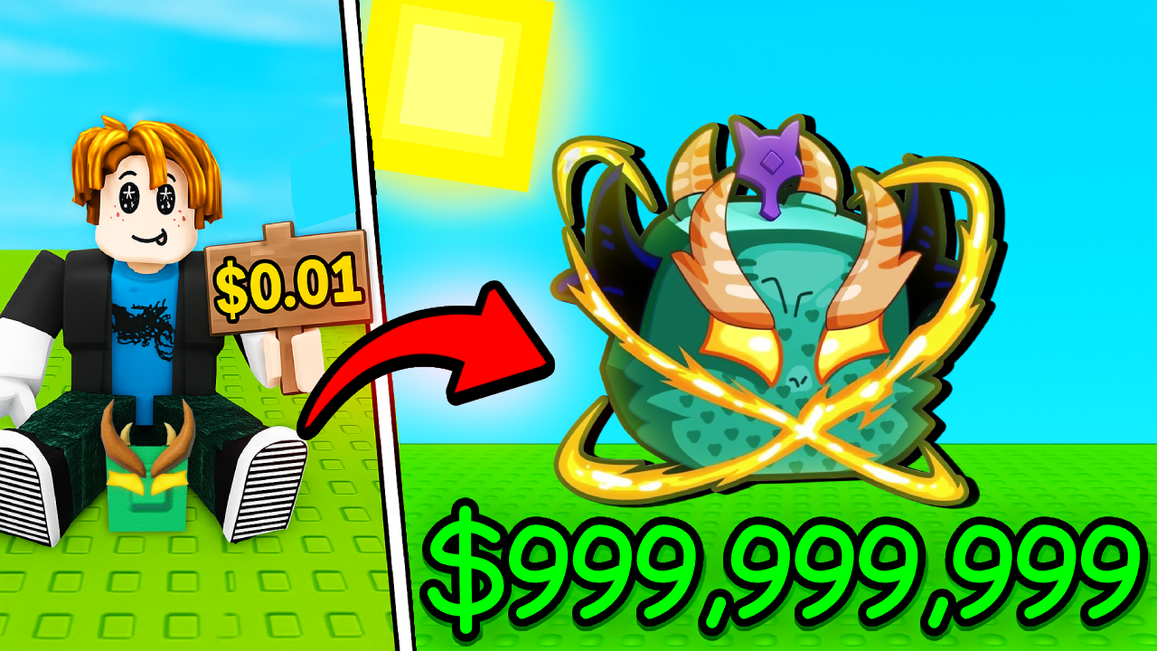 Roblox simulator thumbnail showing a cheap pet upgrading into a giant valuable dragon pet