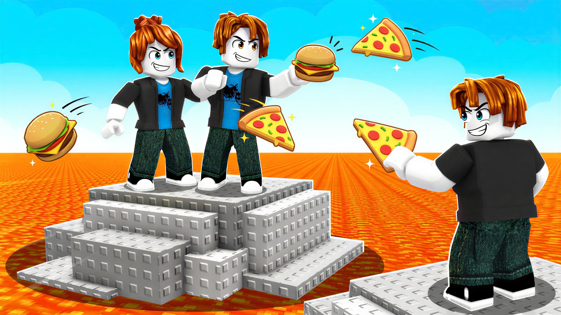 Roblox victory podium thumbnail showing characters celebrating with burgers and pizza