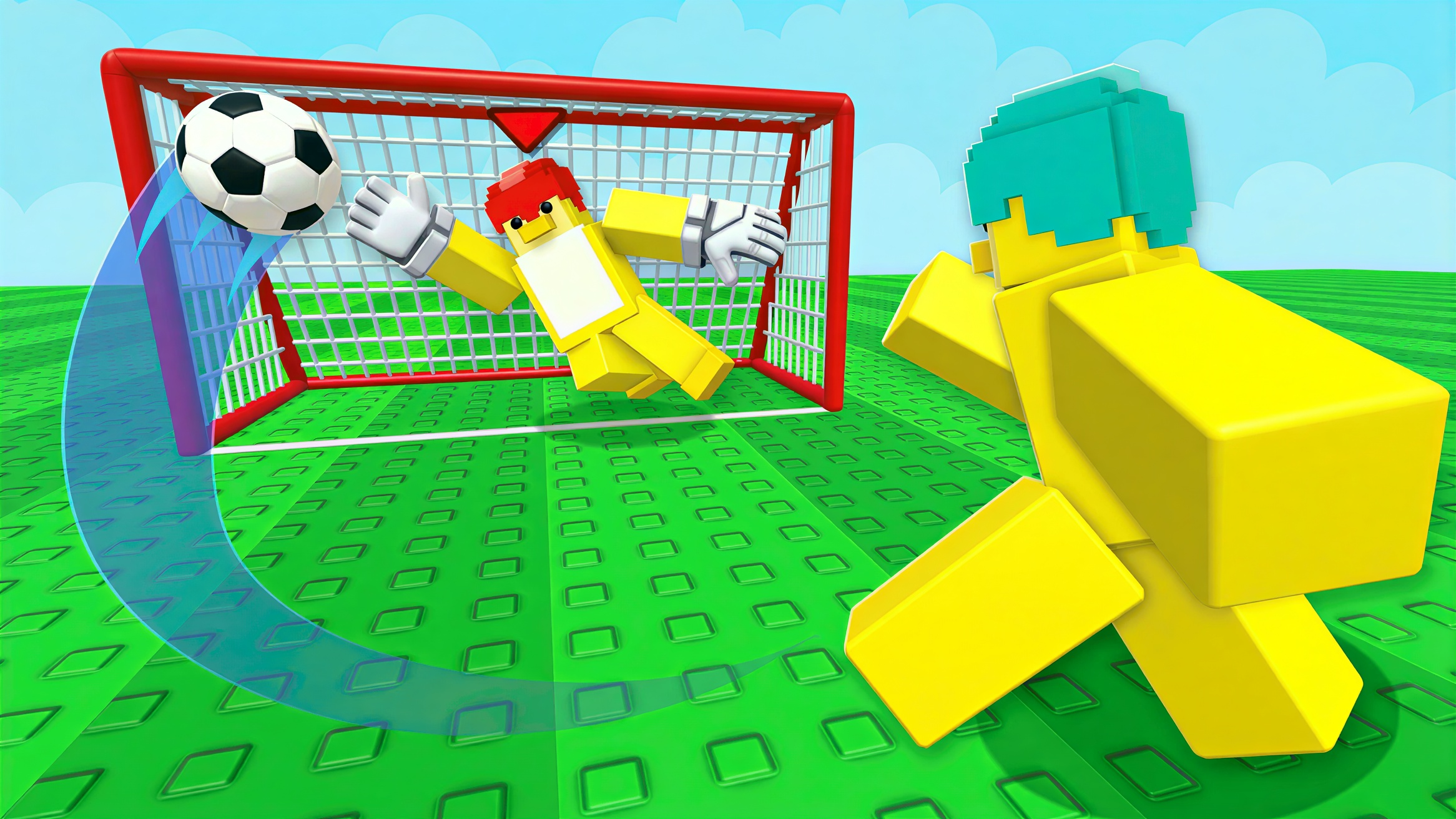 Roblox soccer thumbnail with a blocky goalkeeper diving to save a soccer ball
