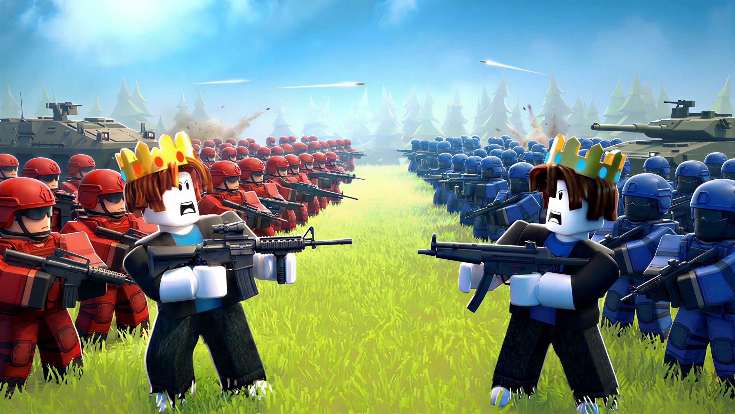 Roblox PvP thumbnail with red and blue soldier teams facing off with tanks and explosions