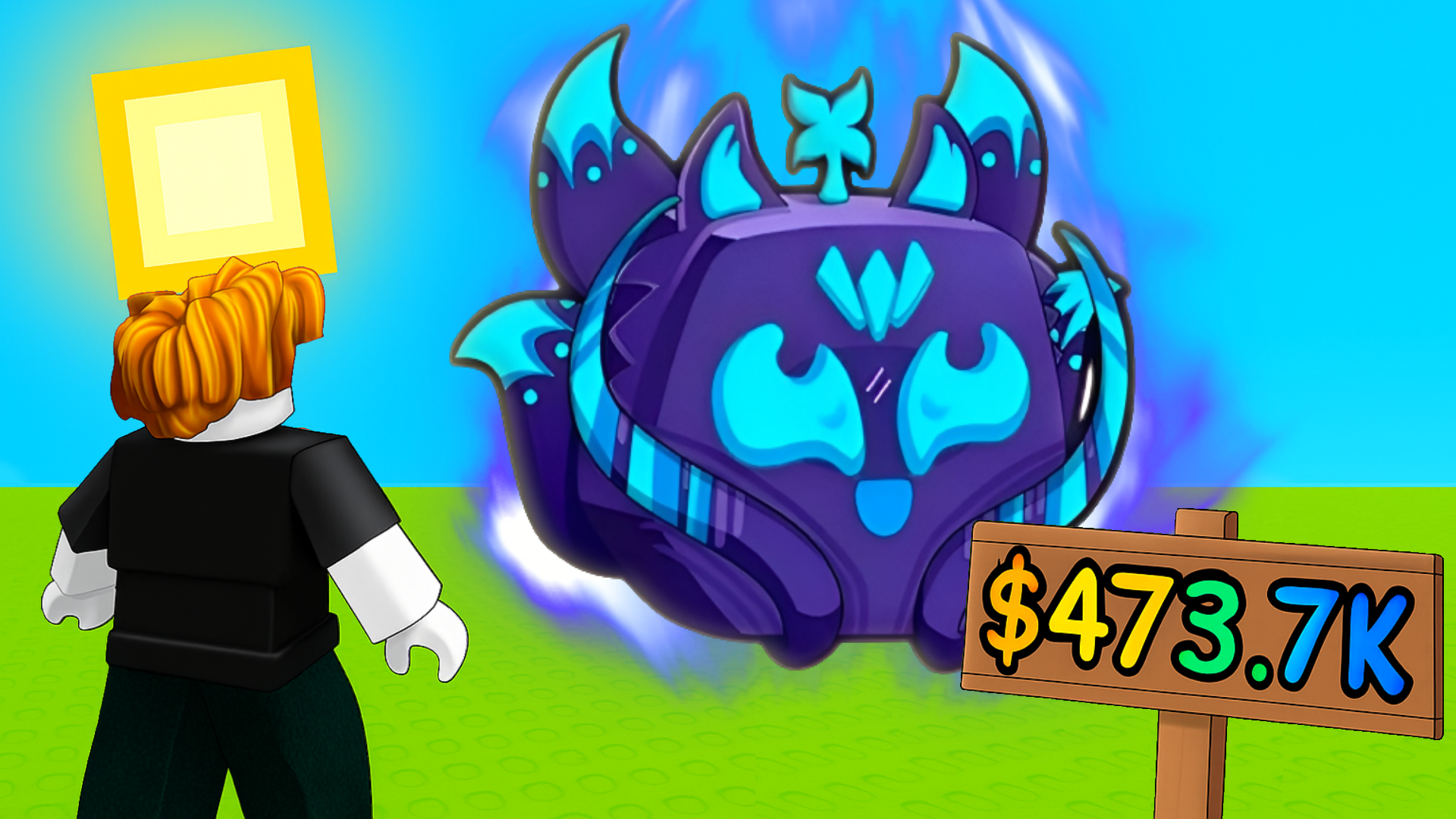 Roblox game icon of a character discovering a glowing pet worth 473.7K