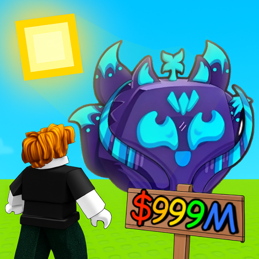Roblox game icon of a character looking at a huge blue and purple pet worth 999M