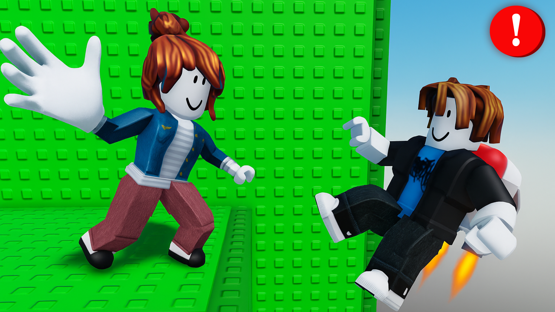 Roblox obby thumbnail of two characters climbing with a rocket jetpack and warning icon