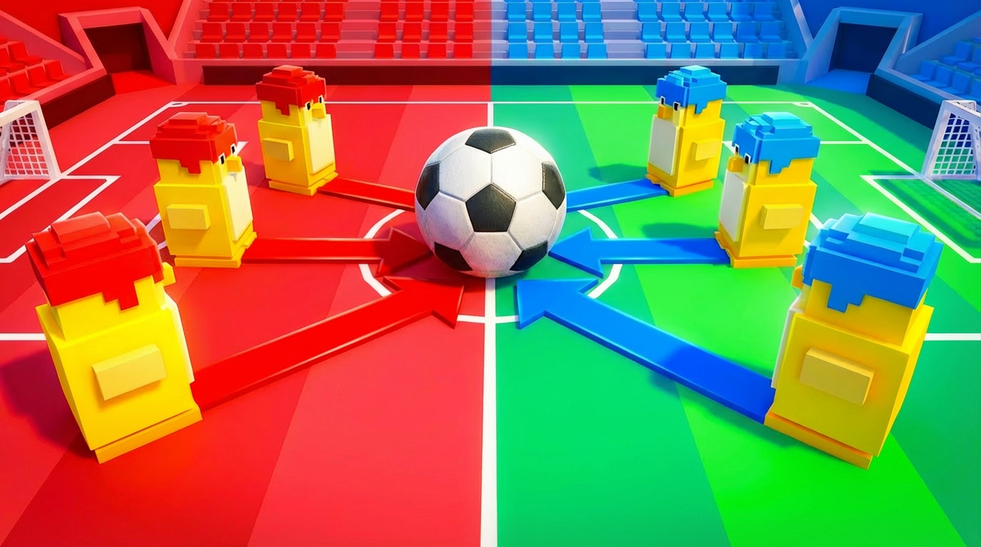 Roblox soccer thumbnail with red and blue chicken teams facing off around a ball